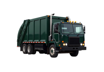 Dark green waste collection truck, rear loader design, heavy-duty municipal vehicle, professional refuse equipment, isolated on a transparent background