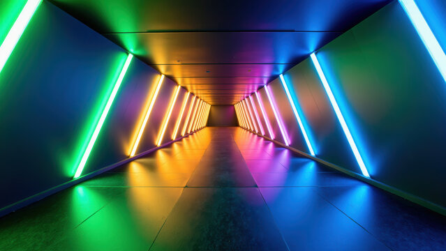 Vibrant corridor illuminated with colorful neon lights, creating futuristic atmosphere. geometric design enhances visual appeal