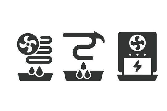 Condensation Water Harvesters. Solid style icons of condensation-based water harvesters: cooling coil system, condensation pipe,