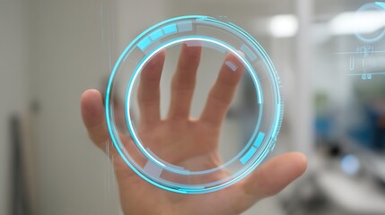 Hand Touching Futuristic Digital Interface with Blue Circular Graphics and Technology Elements