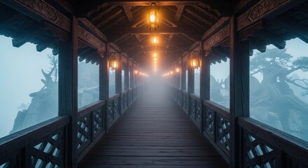 Mysterious Wooden Bridge Path Through Foggy Mountains.