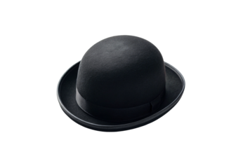 Classic black bowler hat with rounded crown, grosgrain ribbon band, formal felt material, traditional derby style, isolated on a transparent background