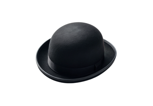 Classic black bowler hat with rounded crown, grosgrain ribbon band, formal felt material, traditional derby style, isolated on a transparent background