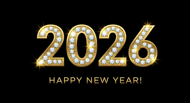 Elegant golden 2026 numbers adorned with diamonds celebrating happy new year