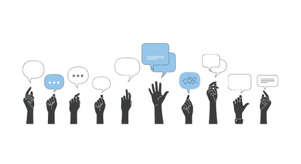 Diverse hands raised with speech bubbles symbolizing communication ideas questions and participation in discussions