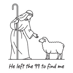 Shepherd reaching out to a single lost sheep with the text he left the 99 to find me