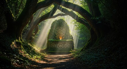Mystical Ancient Stone Altar in Enchanted Forest Sunlight.