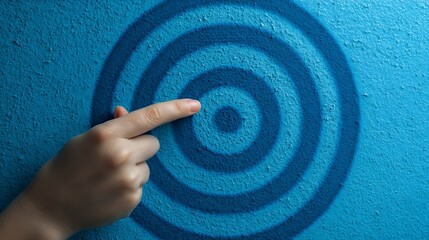Hand Pointing at Blue Target on Textured Wall for Focus and Precision Concept