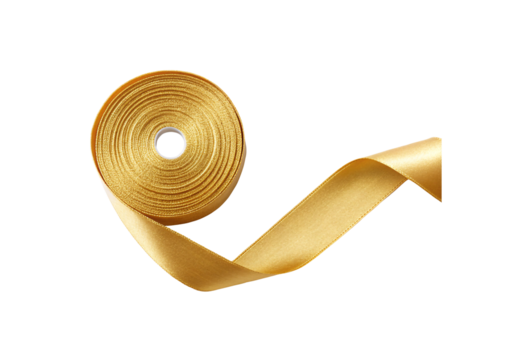 Golden satin ribbon roll partially unwound with smooth reflective surface and elegant curves displayed, isolated on a transparent background - Powered by Adobe