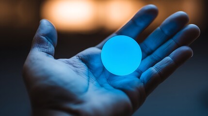 Close Up Human Hand Holding Bright Blue Circular Object in Dark Background