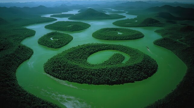 Aerial View of Green Islands in a River System