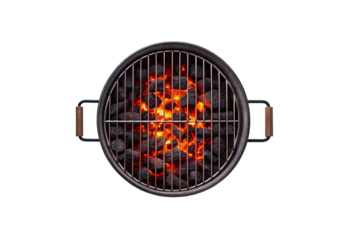Circular black grill top view showing red hot coals and flames through grate, isolated on a transparent background