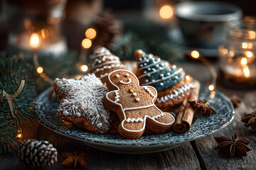 Christmas gingerbread cookies on vintage plate and anise, cinnamon, pine cones, cedar branches with golden lights on rustic table. Baked traditional gingerbread man, tree, star cookies