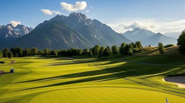A sweeping aerial view captures a meticulously manicured golf course, unfurling its vibrant green fairways and pristine putting greens against a majestic backdrop of towering, snow-capped mountains. U