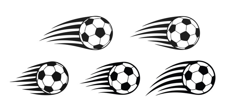 Dynamic flying soccer balls with speed trails, perfect for sport event designs and emblems isolated on white background
