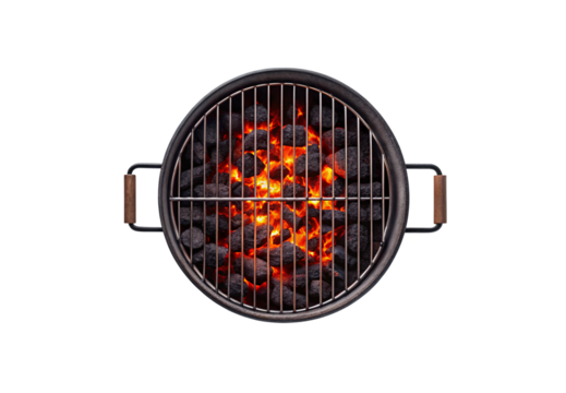 Circular black grill top view showing red hot coals and flames through grate, isolated on a transparent background - Powered by Adobe