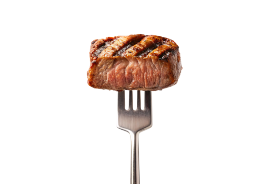 Grilled beef steak piece with distinct crosshatch marks displaying pink center on fork, isolated on a transparent background