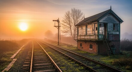 Old Railway Signal Box at Sunrise with Foggy Tracks.