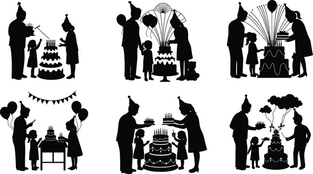 Family birthday celebration silhouettes, parents and children with cake, balloons, party hats, festive mood, candles, gifts, happiness, togetherness, joy.