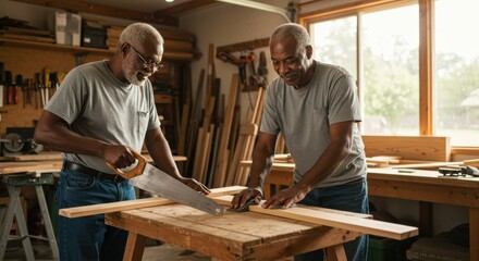 Two senior african american men sawing wood together in their workshop at home