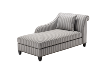 Elegant striped chaise lounge with rolled arm and nailhead trim detailing, isolated on a transparent background