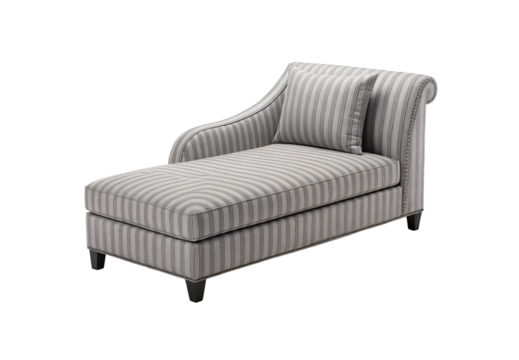 Elegant striped chaise lounge with rolled arm and nailhead trim detailing, isolated on a transparent background