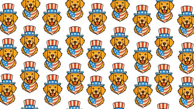 Repeating pattern of a cheerful dog wearing a patriotic hat and scarf decorated with the American flag. Ideal for USA celebration themes, backgrounds, holiday footage, and creative promotional media