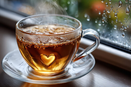 Steaming Teacup with Golden Heart by Rainy Window
