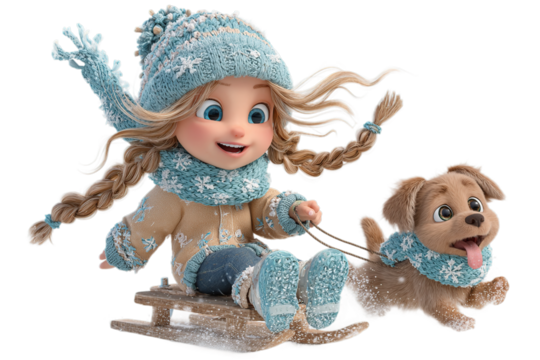 Joyful girl and puppy sledding down snowy hill, embracing winter fun and childhood adventure