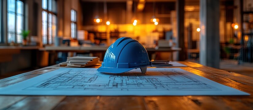 Blue hard hat rests on blueprints in a dimly lit office.