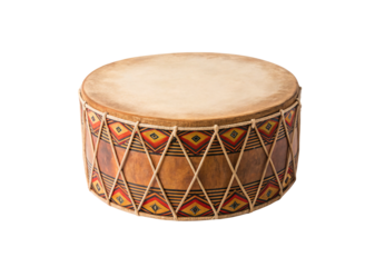 Hand-painted ceremonial drum featuring diamond motifs in warm earth tones, isolated on a transparent background