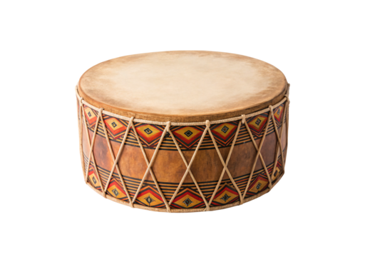Hand-painted ceremonial drum featuring diamond motifs in warm earth tones, isolated on a transparent background - Powered by Adobe