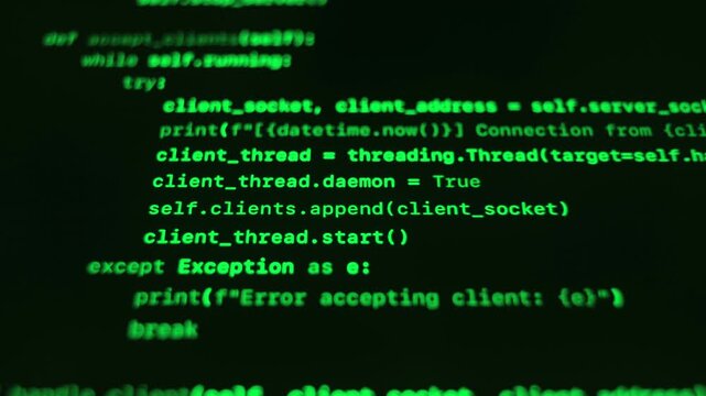 Black background with green programming code, simulating a hacker terminal or cybersecurity interface in action.