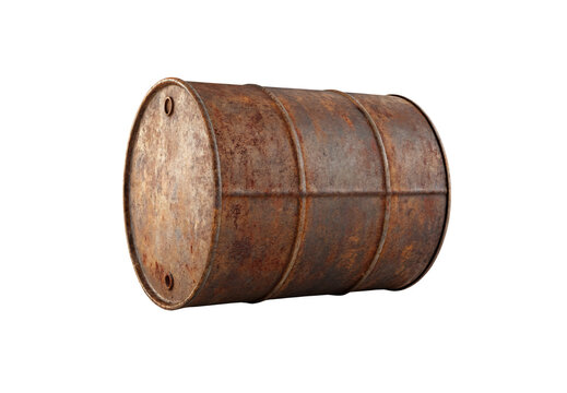 Weathered rusty metal barrel lying horizontally showing aged industrial patina, isolated on a transparent background - Powered by Adobe
