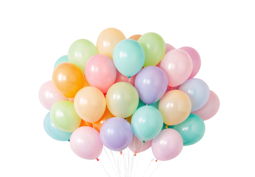 Cluster of pastel-colored party balloons tied together on white strings, isolated on a transparent background