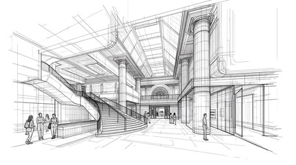 an architectural sketch of a grand building, showcasing its interior design and intricate details. The sketch highlights the building's spaciousness and elegant structure.