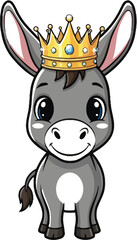 Cute cartoon donkey wearing a golden crown standing on a white background