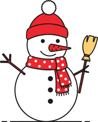 Cheerful snowman with red hat and scarf holding a broom on a light blue background