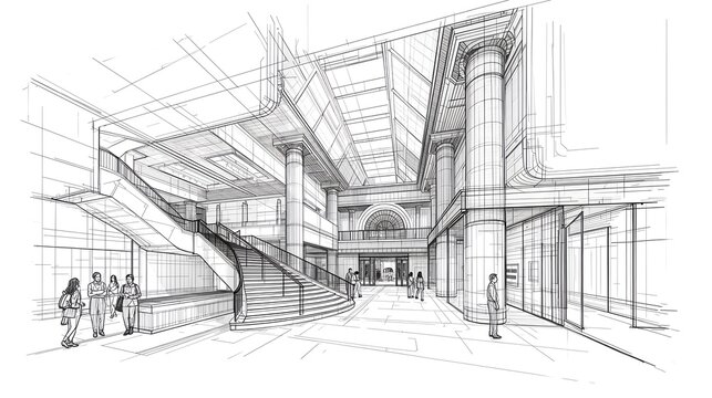 an architectural sketch of a grand building, showcasing its interior design and intricate details. The sketch highlights the building's spaciousness and elegant structure.