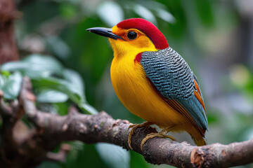 Fototapeta premium Colorful bird perched on branch in green foliage
