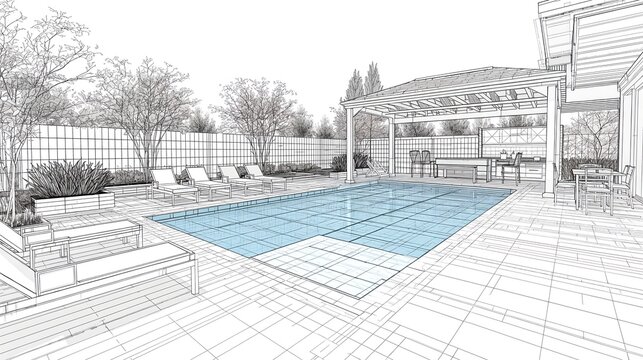 an architectural sketch of a stunning pool area, featuring a pool, sun loungers, and pergola. It exudes a sense of relaxation and luxury