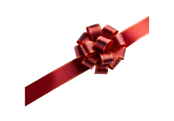 Luxurious red satin ribbon tied in decorative bow with gold trim, isolated on a transparent background