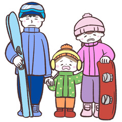 がっかりするウィンタースポーツ家族のイラスト