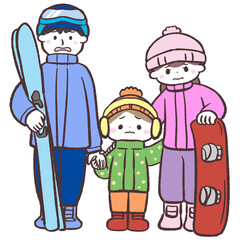 不満そうなウィンタースポーツ家族のイラスト