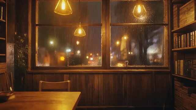 Cozy Interior Scene with Bookshelves and Window View at Night. Virtual backgrounds loop animation for stream overlay, meditation, smooth jazz or white noise video. Cozy lo-fi background.