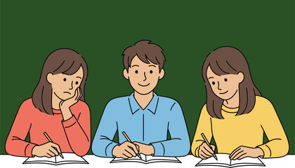 Students studying together at school vector illustration with green background