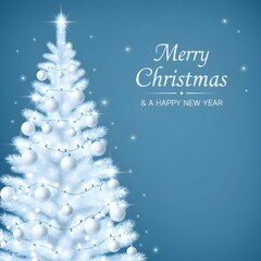 Elegant Blue Background with White Christmas Tree and “Merry Christmas & a Happy New Year” Text