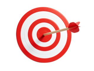 Red and White Target with Arrow in Center, Clean Front View Symbolizing Precision and Focus, isolated on transparent background.