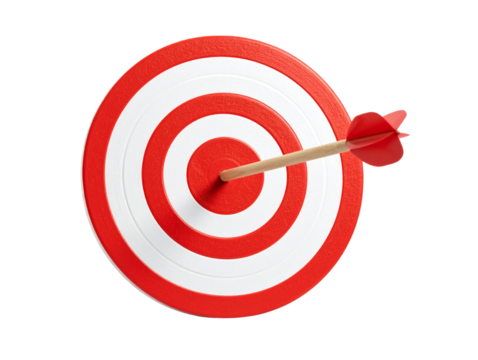 Red and White Target with Arrow in Center, Clean Front View Symbolizing Precision and Focus, isolated on transparent background.