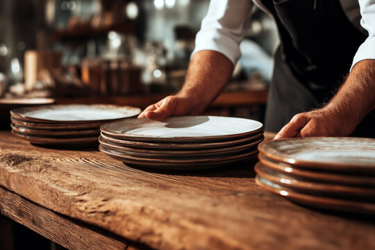 Male waiter arranging plates on a wooden table in a rustic cafe